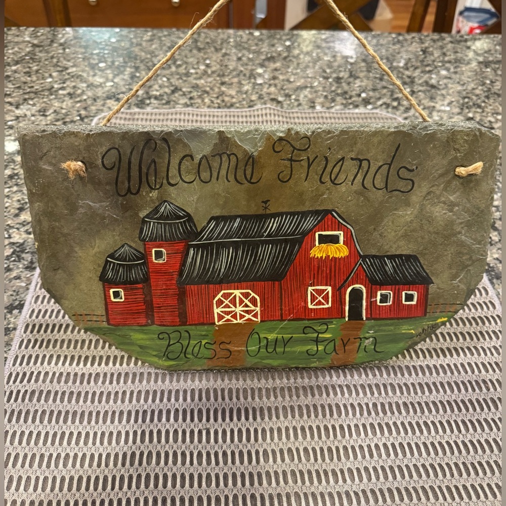 Painted Red Barn Sign on 1869 Cooperstown Railroad Station Roof Slate Folk Art